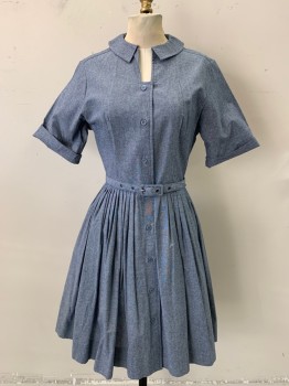 Womens, Dress, Short Sleeve, TRASHY DIVA, Blue, White, Cotton, 2 Color Weave, B 34, 4, W 24, Button Front, Collar Attached, Pleated Skirt, Pockets, **Matching BELT**