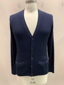 Mens, Cardigan Sweater, RALPH LAUREN, Navy Blue, Wool, L, V-N, Single Breasted, Button Front, L/S