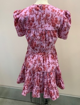 Womens, Dress, Short Sleeve, LIKELY, Lilac Purple, Dusty Red, Polyester, Nylon, Floral, B 34, 2, W 34, S/S, Puff Sleeve, Ruffles, 2 Pockets, Zipper At Back