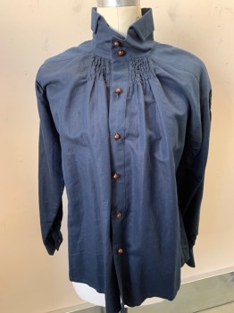 N/L, Navy Blue, Linen, Solid, Button Front Wood Buttons, Smocking Detail at Neck/Shoulder/Cuffs/CB Neck, Folded Stand Collar