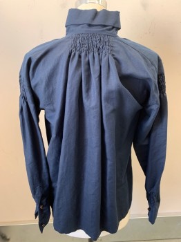 N/L, Navy Blue, Linen, Solid, Button Front Wood Buttons, Smocking Detail at Neck/Shoulder/Cuffs/CB Neck, Folded Stand Collar
