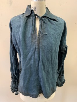 Mens, Historical Fiction Shirt, N/L MTO, Dk Blue, Linen, Solid, S, L/S, Pullover, Collar Attached, Self Ties at Neck, Gathered Puffy Sleeves, Self Ruffles at Cuffs, Aged, Made To Order