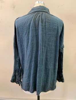 Mens, Historical Fiction Shirt, N/L MTO, Dk Blue, Linen, Solid, S, L/S, Pullover, Collar Attached, Self Ties at Neck, Gathered Puffy Sleeves, Self Ruffles at Cuffs, Aged, Made To Order