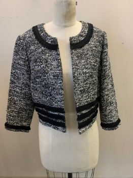 Womens, Blazer, KARL LAGERFELD, Black, Lt Gray, Polyester, Rayon, 2 Color Weave, B36, 6, Round Neck, Open Front, Fringe Trim at Neck, Hem and Cuffs