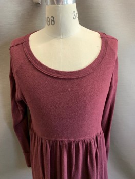FREE PEOPLE , Red Burgundy, Viscose, Polyester, Solid, Scoop Neck L/S, Gathered Waist, Baby Doll Style
