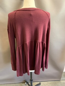 FREE PEOPLE , Red Burgundy, Viscose, Polyester, Solid, Scoop Neck L/S, Gathered Waist, Baby Doll Style