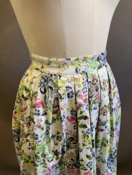 Womens, Skirt, Knee Length, GRACE KARIN, White, Pink, Lime Green, Yellow, Lavender Purple, Cotton, Spandex, Floral, S, 1.5" Wide Waistband, Pleated, A-Line, 2 Side Pockets, Invisible Zipper