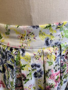 Womens, Skirt, Knee Length, GRACE KARIN, White, Pink, Lime Green, Yellow, Lavender Purple, Cotton, Spandex, Floral, S, 1.5" Wide Waistband, Pleated, A-Line, 2 Side Pockets, Invisible Zipper