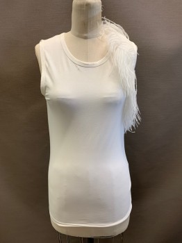 Womens, Top, HELMUT LANG, White, Cotton, Polyurethane, S, Pullover, Scoop Neck, Sleeveless, Feather Trim On Left Arm Hole, *Small Black Stains