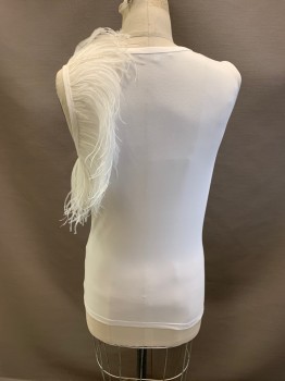 HELMUT LANG, White, Cotton, Polyurethane, Pullover, Scoop Neck, Sleeveless, Feather Trim On Left Arm Hole, *Small Black Stains
