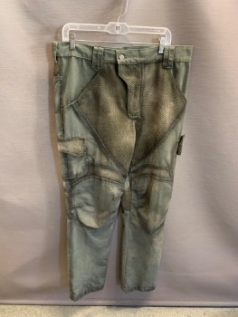 Mens, Sci-Fi/Fantasy Pants, N/L, Green, Cotton, Solid, 33, 36, Rubber Texture Detail, With Side Pockets & Cargo  Snap Pockets, Back Flip Pockets , Aged