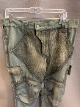 Mens, Sci-Fi/Fantasy Pants, N/L, Green, Cotton, Solid, 33, 36, Rubber Texture Detail, With Side Pockets & Cargo  Snap Pockets, Back Flip Pockets , Aged