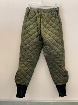 MTO, Olive Green, Synthetic, Solid, Velcro Fly, Elastic Waistband, Velcro Closure On Right Hip, Bttn Tab At Right Waistband, Velcro Closure On Side Of Legs, Black Stretch Fabric At Hems, Quilted, Aged/Distressed,