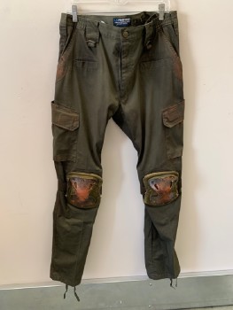 Mens, Sci-Fi/Fantasy Pants, LA POLICE GEAR , Brown, Cotton, Polyester, Stripes - Micro, 36, 36, Side Pockets , Cargo Pockets , Back Flip Pockets, Knee Protector Attached  W/brown Elastic Straps  Dirty Bronze  Aged  Draw String Hem