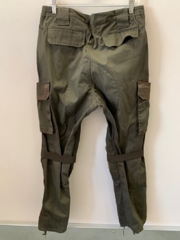 Mens, Sci-Fi/Fantasy Pants, LA POLICE GEAR , Brown, Cotton, Polyester, Stripes - Micro, 36, 36, Side Pockets , Cargo Pockets , Back Flip Pockets, Knee Protector Attached  W/brown Elastic Straps  Dirty Bronze  Aged  Draw String Hem