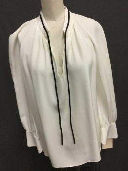 Derek Lam, Off White, Black, Silk, Solid, Long Sleeves, Keyhole Neck, Black Tie At Neck, Stand Collar