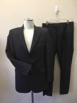 DANIEL HECHTER, Navy Blue, Lt Blue, Blue, Wool, Polyester, Stripes, Pin Stripe Wool. 2 Button Single Breasted, 3 Pockets, 2 Slits at Back
