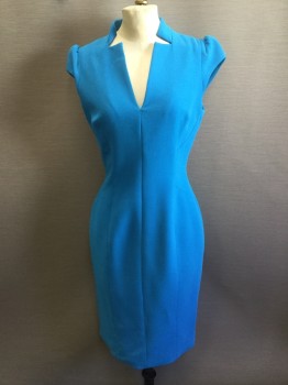 Womens, Cocktail Dress, KAREN MILLER, Turquoise Blue, Synthetic, Polyester, Solid, 6, Turquoise with Cut Out V-neck with Band Collar Back, Small Cap Sleeves, Seams Detail Front & Back, Split Center Back Hem, Zip Back,