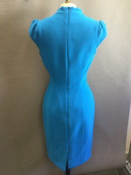Womens, Cocktail Dress, KAREN MILLER, Turquoise Blue, Synthetic, Polyester, Solid, 6, Turquoise with Cut Out V-neck with Band Collar Back, Small Cap Sleeves, Seams Detail Front & Back, Split Center Back Hem, Zip Back,