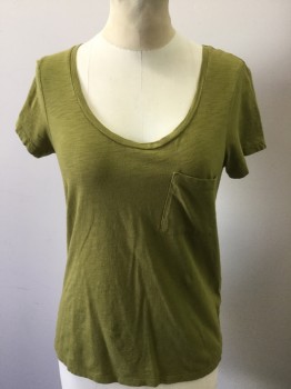 TOP SHOP, Olive Green, Cotton, Polyester, Heathered, Heather Lime-olive, Scoop Neck, Cap Sleeves, 1 Pocket,