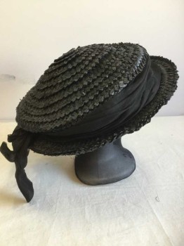 DON ANDERSON, Black, Zig-Zag , Basket Weave, HAT:  Black Zig-Zag Basket Weaving, W/sheer Folded Black Pleats Along Crown W/large Self Bow (Wire Sticking-out At On Brim,