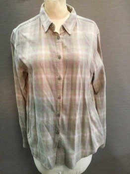 URBAN OUTFITTERS, Sage Green, Mauve Pink, Cotton, Plaid, Light Sage/Mauve Plaid, Button Front, Long Sleeves, Collar Attached, Aged/Distressed,