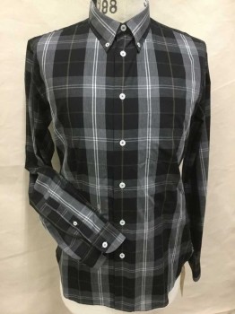 PAUL SMITH, Gray, Lt Gray, Black, White, Taupe, Poly/Cotton, Plaid, Heather Gray, Black, Light Gray, Taupe, White Plaid, Collar Attached, Button Down, Button Front, 1 Pocket, Long Sleeves, See Photo Attached,