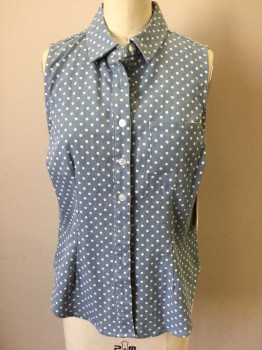 FOREVER 21, Denim Blue, Cream, Cotton, Spandex, Polka Dots, Button Front, Collar Attached, Sleeveless, 1 Pocket,