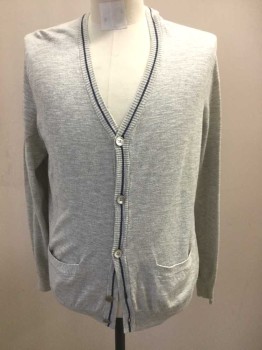 Mens, Cardigan Sweater, J CREW, Gray, Navy Blue, Cotton, Heathered, JM, Heathered Gray Knit, Navy Accent Stripe at Neck and Button Placket, 5 Buttons, V-neck, 2 Patch Pockets at Hips