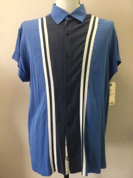 NAT NAST, French Blue, Midnight Blue, White, Silk, Color Blocking, Button Front, Collar Attached, Short Sleeves,