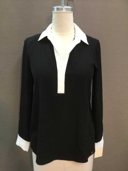 CALVIN KLEIN, Black, Off White, Polyester, Solid, BLOUSE:  Black W/off White V-neck,Collar Attached, Front Placket & Cuffs, Hidden 3 Button Front, Pull-over, Long Sleeves