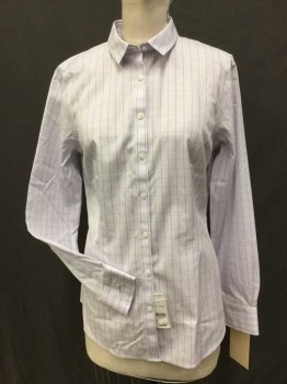 BROOKS BROTHERS, White, Purple, Cotton, Plaid-  Windowpane, BLOUSE:  White W/purple Windowpane, Collar Attached, Button Front, Long Sleeves,