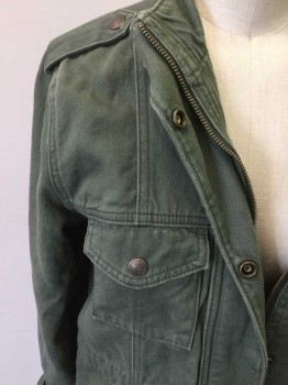 Womens, Casual Jacket, LEVI'S, Olive Green, Cotton, Solid, Small, Snap and Zip Front, 4 Pockets, Interior Drawstring Waist, Epaulets, Army Style