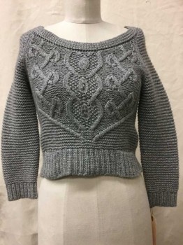 Womens, Pullover, Phillip Lim, Heather Gray, Cashmere, Cotton, Solid, S, Round Neck, Cropped, Long Sleeves,