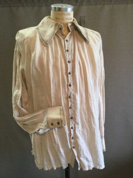 M.T.O., Bone White, Linen, Cavalier Shirt Collar Attached with Lace Trim, Button Front, Long Sleeves, Aged