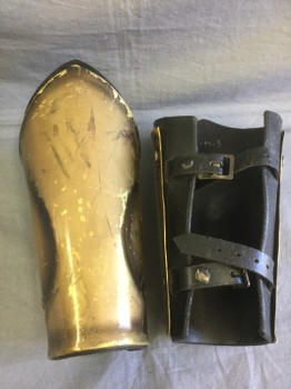 N/L, Gold, Black, Metallic/Metal, Leather, Solid, Black Leather Wrist Cuff/Gauntlet with Aged/Beat Up Gold Metal Plate, 2 Straps with Metal Buckle Closures