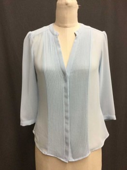 H & M, Lt Blue, Polyester, Solid, V-neck, with Hidden Button Placet, Tuck Pleat Detail at Front, 3/4 Sleeves