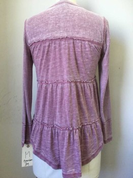 AMERICAN RAG, Dusty Rose Pink, Cotton, Heathered, V-neck, Pullover, Button Front Placket, Long Sleeves, Waffle Yoke and Sleaves, Ruffle Back