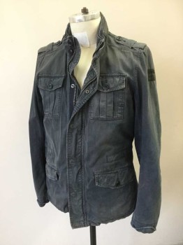 Mens, Casual Jacket, FOX2817, Charcoal Gray, Cotton, Solid, CH 38, Lightly Aged Jacket. Snap & Zip Front Closure Tabs On Shoulder, Nylon Hood Inside Vinyl Collar, 4 Pockets, with Button Down Flaps at Front
