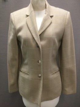 Womens, Blazer, ANN TAYLOR, Gold, White, Wool, Silk, Check , Solid, 4, Three Front Buttons, Two Front Slit Pockets, Solid Gold with White Check Lines