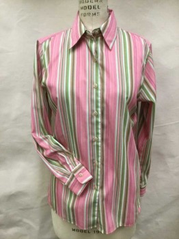 FOX CROFT, Pink, Green, White, Gray, Brown, Poly/Cotton, Stripes - Vertical , Collar Attached, Button Front, Long Sleeves,