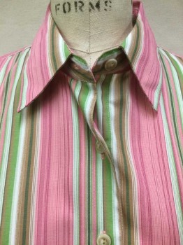 FOX CROFT, Pink, Green, White, Gray, Brown, Poly/Cotton, Stripes - Vertical , Collar Attached, Button Front, Long Sleeves,