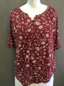 LUCKY BRAND, Wine Red, Ecru, Cotton, Modal, Floral, Wine W/ecru Floral Print, 1/2" Band Large Scoop Neck, Button Front, Short Sleeve W/elastic Ruffle Trim
