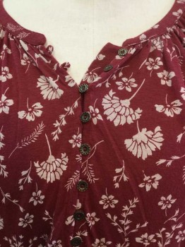 Womens, Top, LUCKY BRAND, Wine Red, Ecru, Cotton, Modal, Floral, 2XL, Wine W/ecru Floral Print, 1/2" Band Large Scoop Neck, Button Front, Short Sleeve W/elastic Ruffle Trim