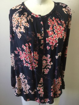 REBECCA TAYLOR, Navy Blue, Pink, Hot Pink, Cream, Periwinkle Blue, Silk, Floral, Crew Neck, Long Sleeves, Button Front, Smocking at Front and Back Neck