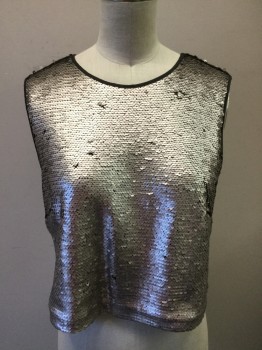 Womens, Top, FOREVER 21, Silver, Black, Polyester, Sequins, Solid, S, Silver Sequin Tank, Black Trim, Scoop Neck, Sleeveless, Zip Back