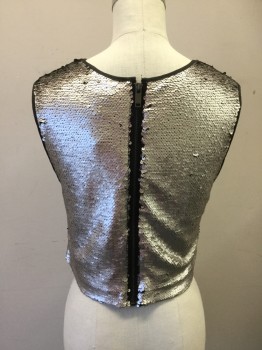 Womens, Top, FOREVER 21, Silver, Black, Polyester, Sequins, Solid, S, Silver Sequin Tank, Black Trim, Scoop Neck, Sleeveless, Zip Back