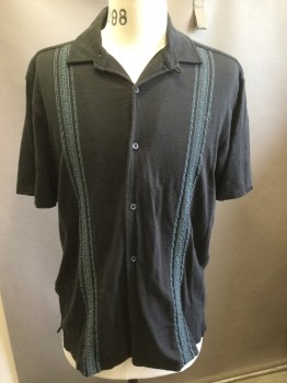 TOMMY BAHAMA, Black, Turquoise Blue, Gray, Cotton, Lycra, Solid, Stripes, Turquoise and Grey Embroiderd Stripes Down the Front, Button Front, Collar Attached, Short Sleeves,