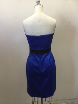 Womens, Cocktail Dress, MAX & CLEO, Royal Blue, Black, Silk, Lycra, Solid, 2, Strapless, Royal Blue Stretch Satin Dress. Self Ruffled at Bust Front, Black Waist Band. Skirt Pleated to Waist Band, Zipper Center Back,