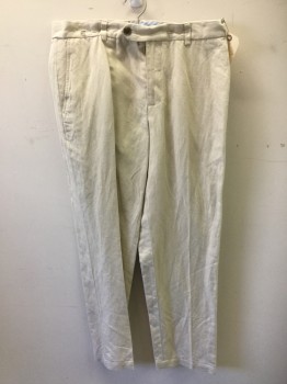 BROOKS BROTHERS, Bone White, Linen, Cotton, Solid, Flat Front, Button Tab, Twill Weave,